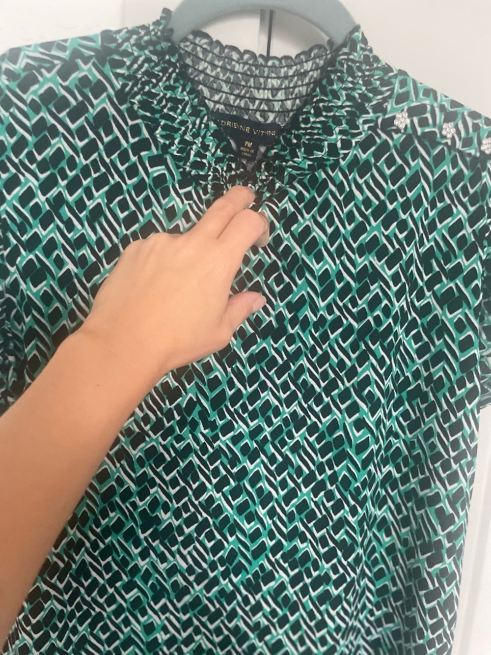 Adrienne Vittadini Teal & Black Geometric Smocked Neck Flutter Sleeve Top - Picture 2 of 3